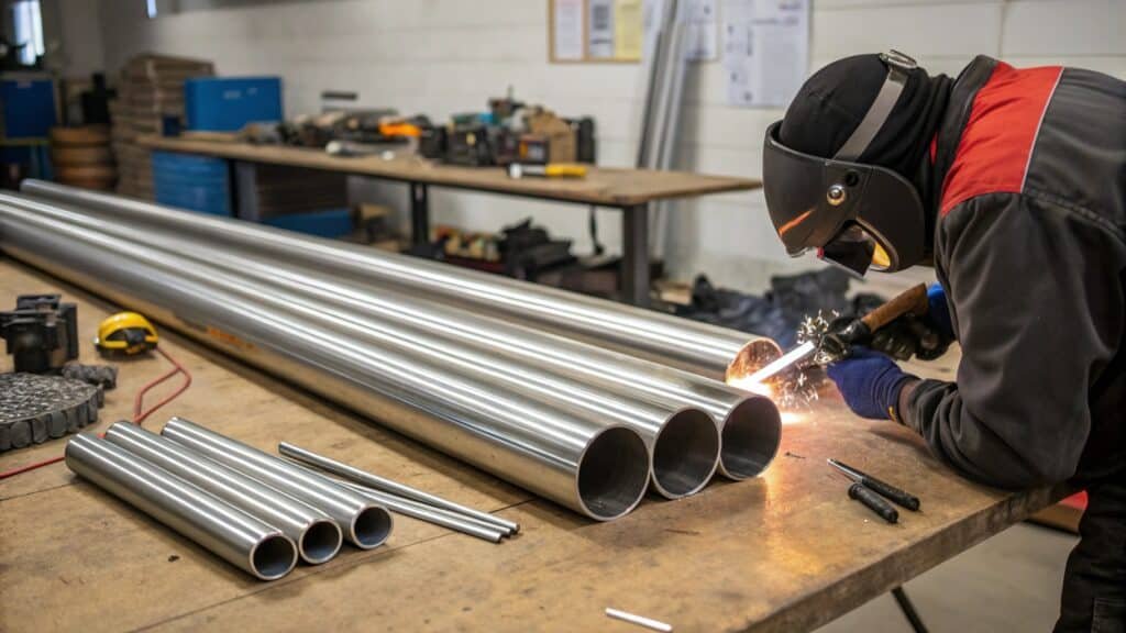 alt text: Examples of joined aluminum tubing: a welded joint, a bolted flange, and an adhesive joint